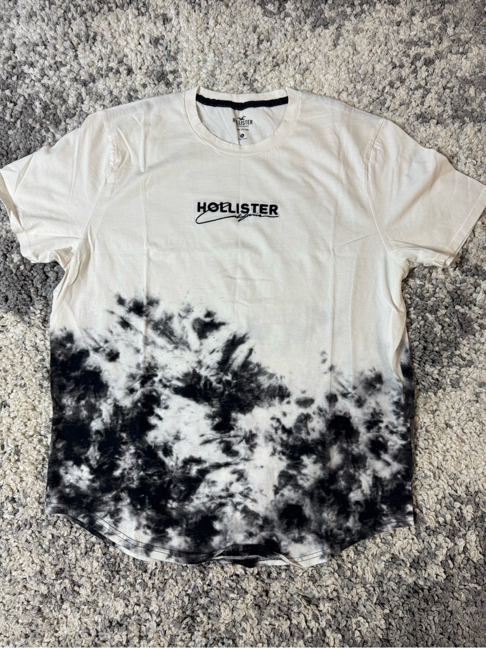 Hollister, White Tee with Black Tie-Dye and Logo Tee with Curved Hem, XL